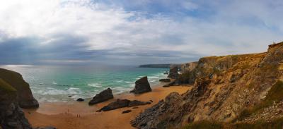 Bedruthan Steps panorama from the cliff top, with a storm brewin