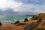 Bedruthan Steps pano from the cliff top, with a storm brewing at sea