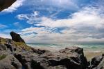 Bedruthan rocks panorma, with a storm brewing out to sea