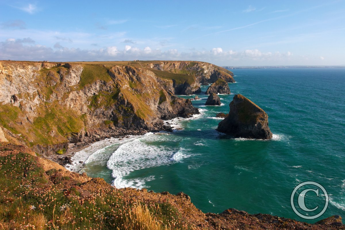 Bedruthan Steps At High Tide From Porthcothan Direction Bedruthan